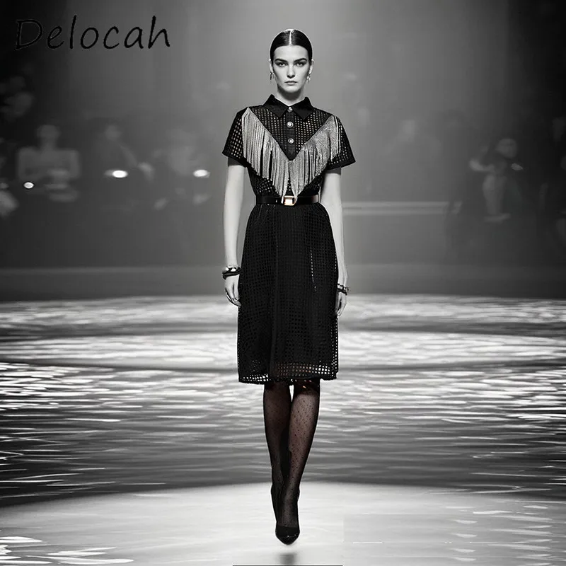 Delocah High Quality Women's Design Lapel Single breasted Metal Buckle Tassel Bead Chain Belt Slimming Large Swing Dress
Delocah High Quality Women's Design Lapel Single breasted Metal Buckle Tassel Bead Chain Belt Slimming Large Swing Dress