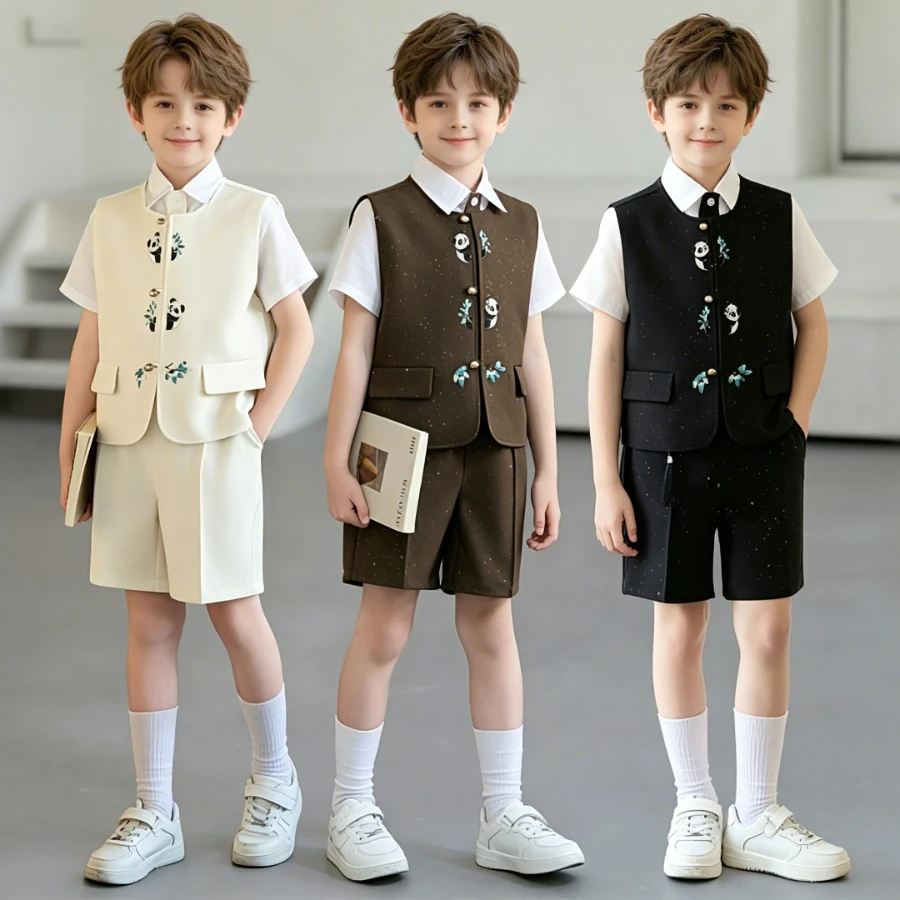 Boys Summer Formal Suit Set Panda Embroidery Kids Gentleman Outfit for Wedding Birthday Party Short Sleeve Shirt Vest Shorts Tie
Boys Summer Formal Suit Set Panda Embroidery Kids Gentleman Outfit for Wedding Birthday Party Short Sleeve Shirt Vest Shorts Tie