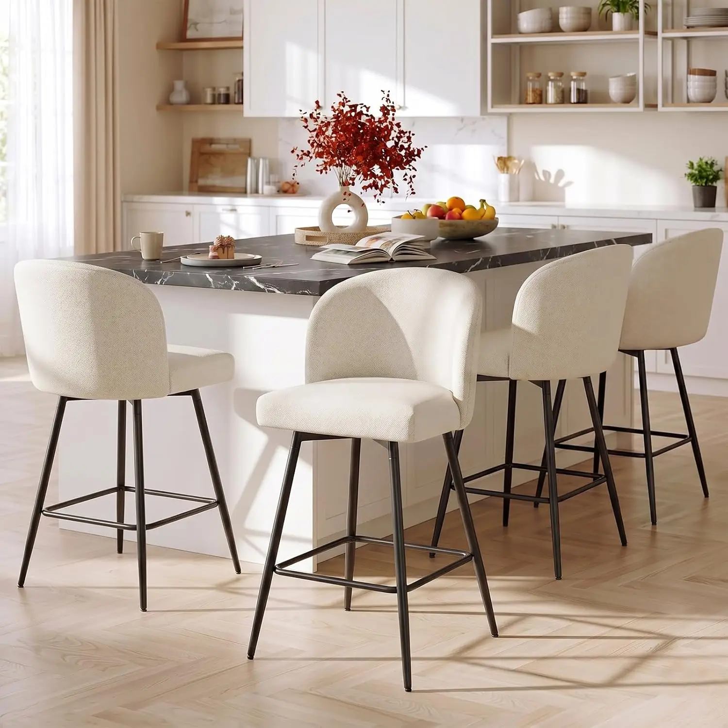 360° Swivel Upholstered Counter Height Bar Stools with Backs Metal Legs 26" Seat Linen Fabric Set 4, Customized
360° Swivel Upholstered Counter Height Bar Stools with Backs Metal Legs 26" Seat Linen Fabric Set 4, Customized