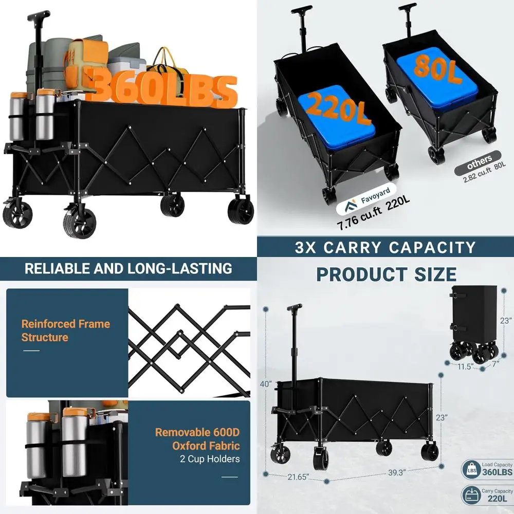 Складной универсальный тележка емкостью 220 л и нагрузкой 360 фунтов, вездеходные колеса, тормоза для активного отдыха
Складной универсальный тележка емкостью 220 л и нагрузкой 360 фунтов, вездеходные колеса, тормоза для активного отдыха