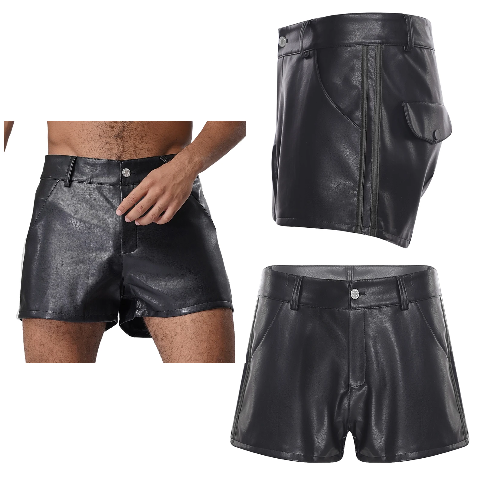 Модные глянцевые мини-шорты, мужские модные черные шорты-карго из матовой искусственной кожи с карманами для повседневного повседневного использования, велосипедные брюки для отдыха 
Модные глянцевые мини-шорты, мужские модные черные шорты-карго из матовой искусственной кожи с карманами для повседневного повседневного использования, велосипедные брюки для отдыха