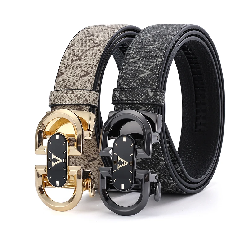 Men's Automatic Buckle Belt, V Letter Printed PU Leather Ratchet Belt, Watch-shaped Decorative Buckle Adjustable Casual Business
Men's Automatic Buckle Belt, V Letter Printed PU Leather Ratchet Belt, Watch-shaped Decorative Buckle Adjustable Casual Business