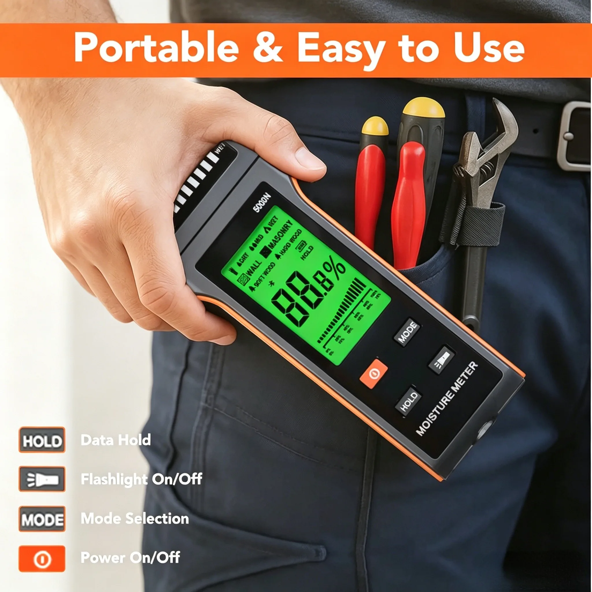 Pinless Moisture Meter for Wood Wall Masonry Non-Destructive Damp Tester with LED Bar Graph Backlit LCD for Building Inspection
Pinless Moisture Meter for Wood Wall Masonry Non-Destructive Damp Tester with LED Bar Graph Backlit LCD for Building Inspection