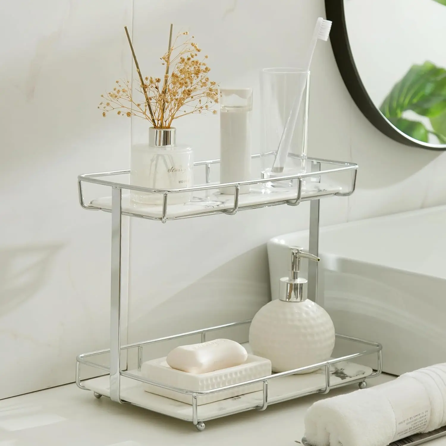 2-Tier Perfume Organizer with Marble Tray and Gold Stainless Steel Frame for Countertop Vanity
2-Tier Perfume Organizer with Marble Tray and Gold Stainless Steel Frame for Countertop Vanity