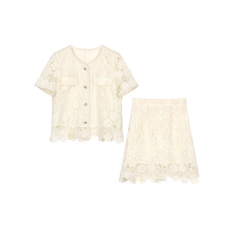 Women Small Fragrance Lace Short Coat+ Overskirt Suit Fashion Sweet French Chic Openwork Flowers Two-piece Lady Suit
Women Small Fragrance Lace Short Coat+ Overskirt Suit Fashion Sweet French Chic Openwork Flowers Two-piece Lady Suit