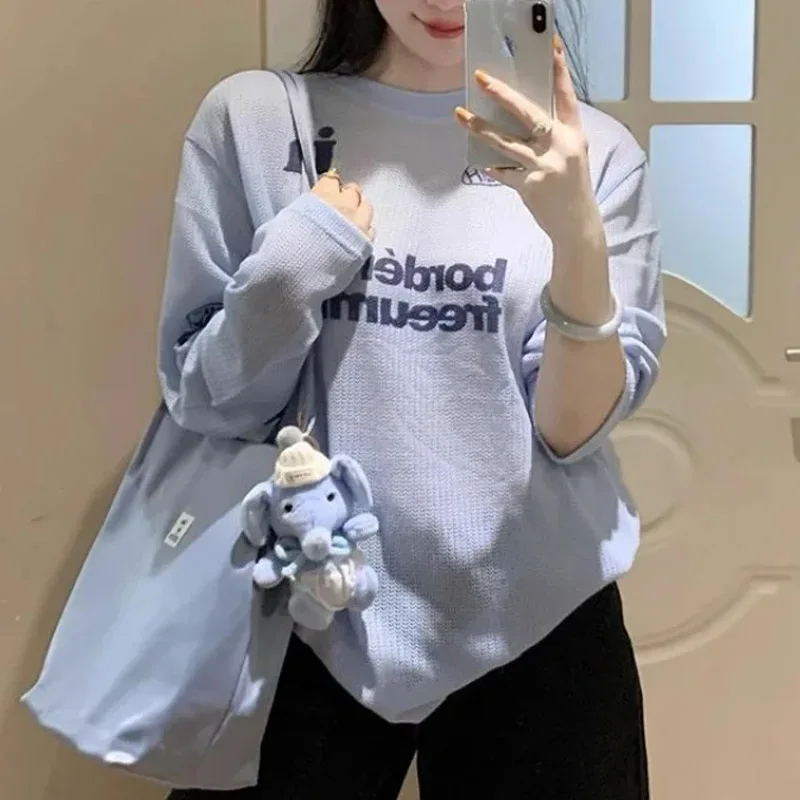 Spring and autumn American retro blue round neck printing long-sleeved women's T-shirt design niche loose casual shirt
Spring and autumn American retro blue round neck printing long-sleeved women's T-shirt design niche loose casual shirt