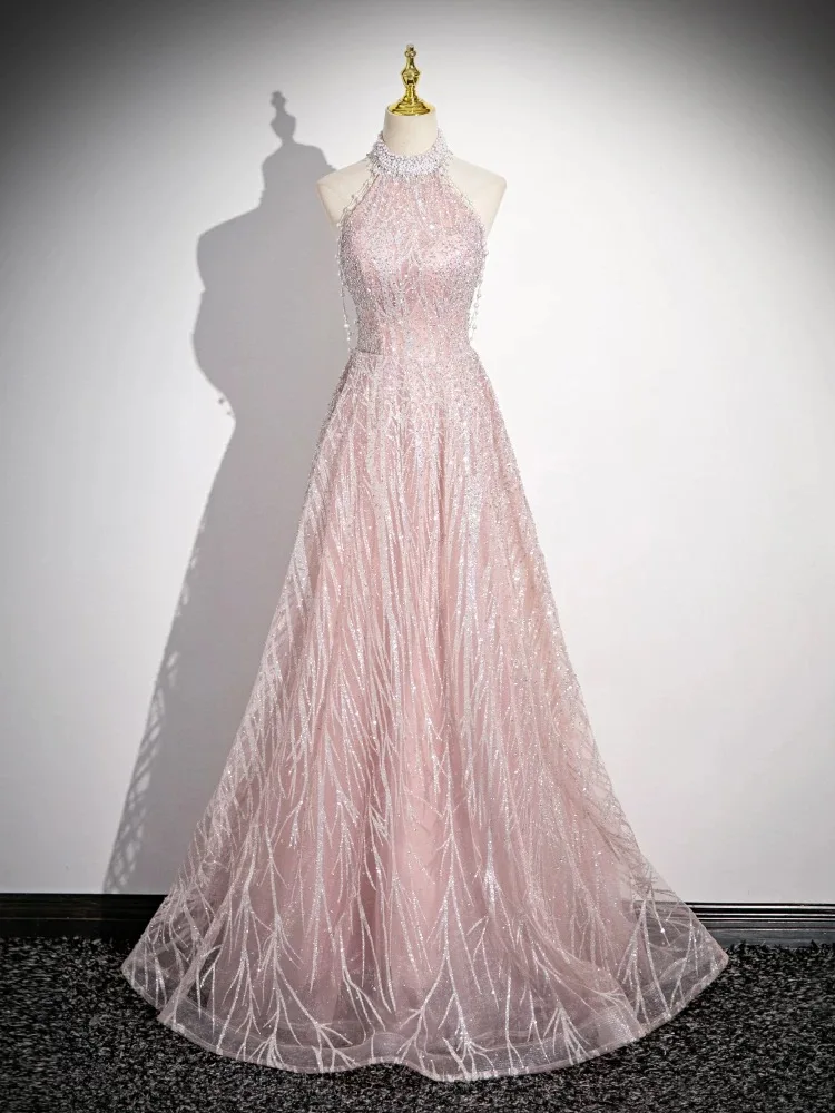Sweet Pink Evening Dress A-line Halter Sleeveless Sequined Pearl Floor Length Backless Wedding Party Formal Prom Gowns
Sweet Pink Evening Dress A-line Halter Sleeveless Sequined Pearl Floor Length Backless Wedding Party Formal Prom Gowns
