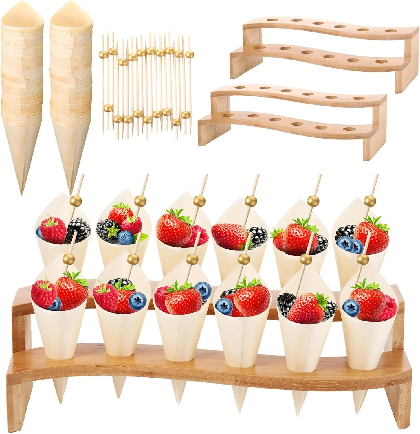 100 Disposable Wood Cones with 2 Holders & 100 Toothpicks for Appetizers, Parties
100 Disposable Wood Cones with 2 Holders & 100 Toothpicks for Appetizers, Parties