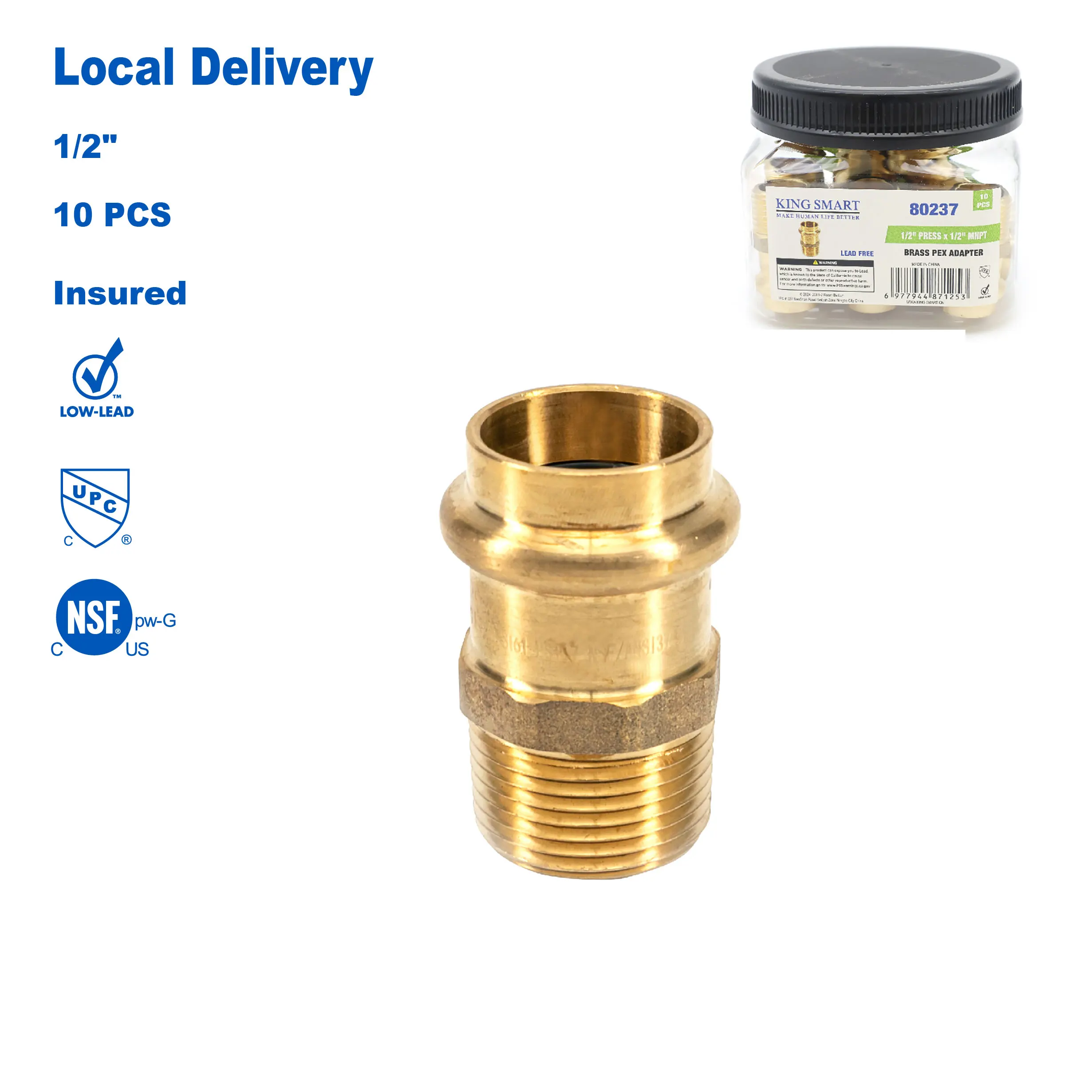 KING SMART 1/2" Press * Прямой адаптер NPT с наружной резьбой 1/2 дюйма; 10 шт./корпус; Бессвинцовая латунь; 80237
KING SMART 1/2" Press * Прямой адаптер NPT с наружной резьбой 1/2 дюйма; 10 шт./корпус; Бессвинцовая латунь; 80237