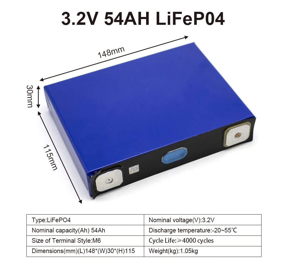 1PCS Grade A 4000 cycle 54Ah Lifepo4 Battery 3.2V Lithium iron phosphate Rechargeable Cell For DIY 12V 24V RV Solar Camping
1PCS Grade A 4000 cycle 54Ah Lifepo4 Battery 3.2V Lithium iron phosphate Rechargeable Cell For DIY 12V 24V RV Solar Camping
