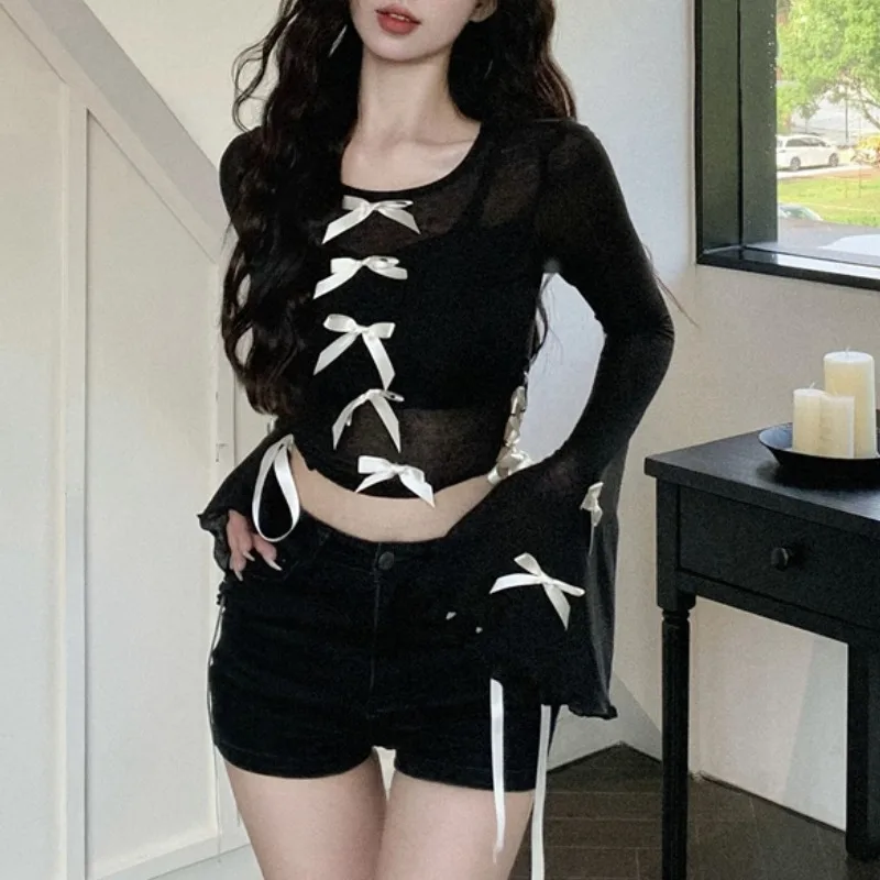 2024 Autumn for Women Crop Tops Vintage Korean Retro High Street Mesh Lace Up Bow T-Shirt Streetwear Tee Shirt
2024 Autumn for Women Crop Tops Vintage Korean Retro High Street Mesh Lace Up Bow T-Shirt Streetwear Tee Shirt