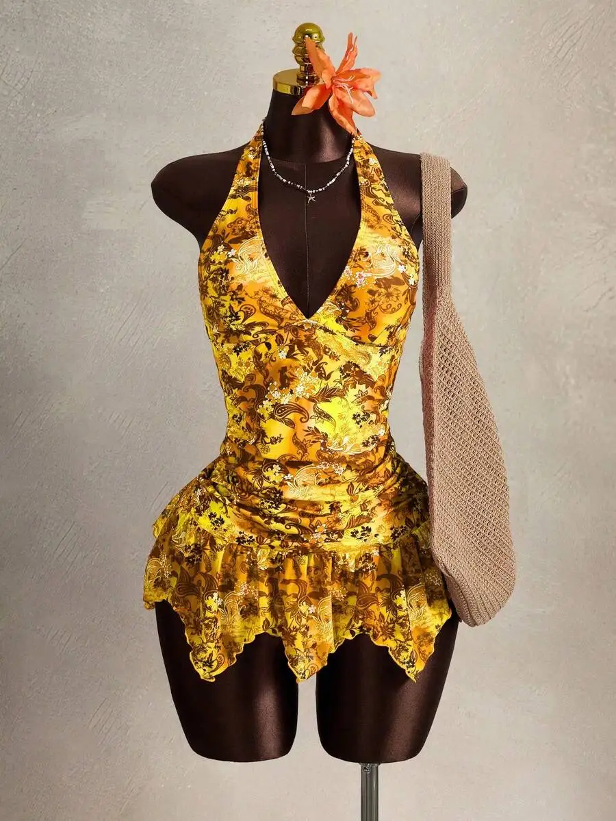 Womens Two Piece Swimsuit Tie Front Deep V Neck Ruched Waist Flounce Swim Dress Summer Beach
Womens Two Piece Swimsuit Tie Front Deep V Neck Ruched Waist Flounce Swim Dress Summer Beach