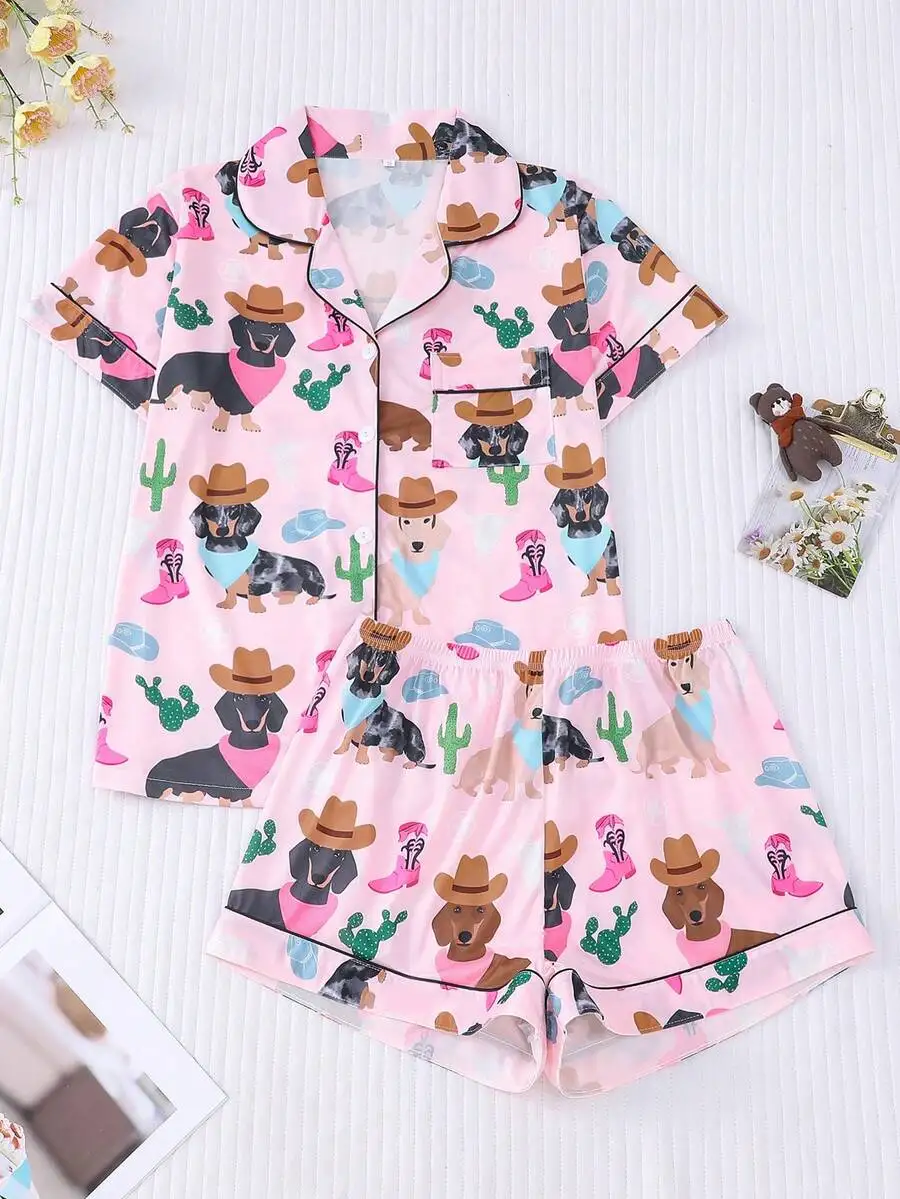 Womens 2-Piece Dog Print Pajama Set With Short Sleeve Shirt And Loose Shorts
Womens 2-Piece Dog Print Pajama Set With Short Sleeve Shirt And Loose Shorts