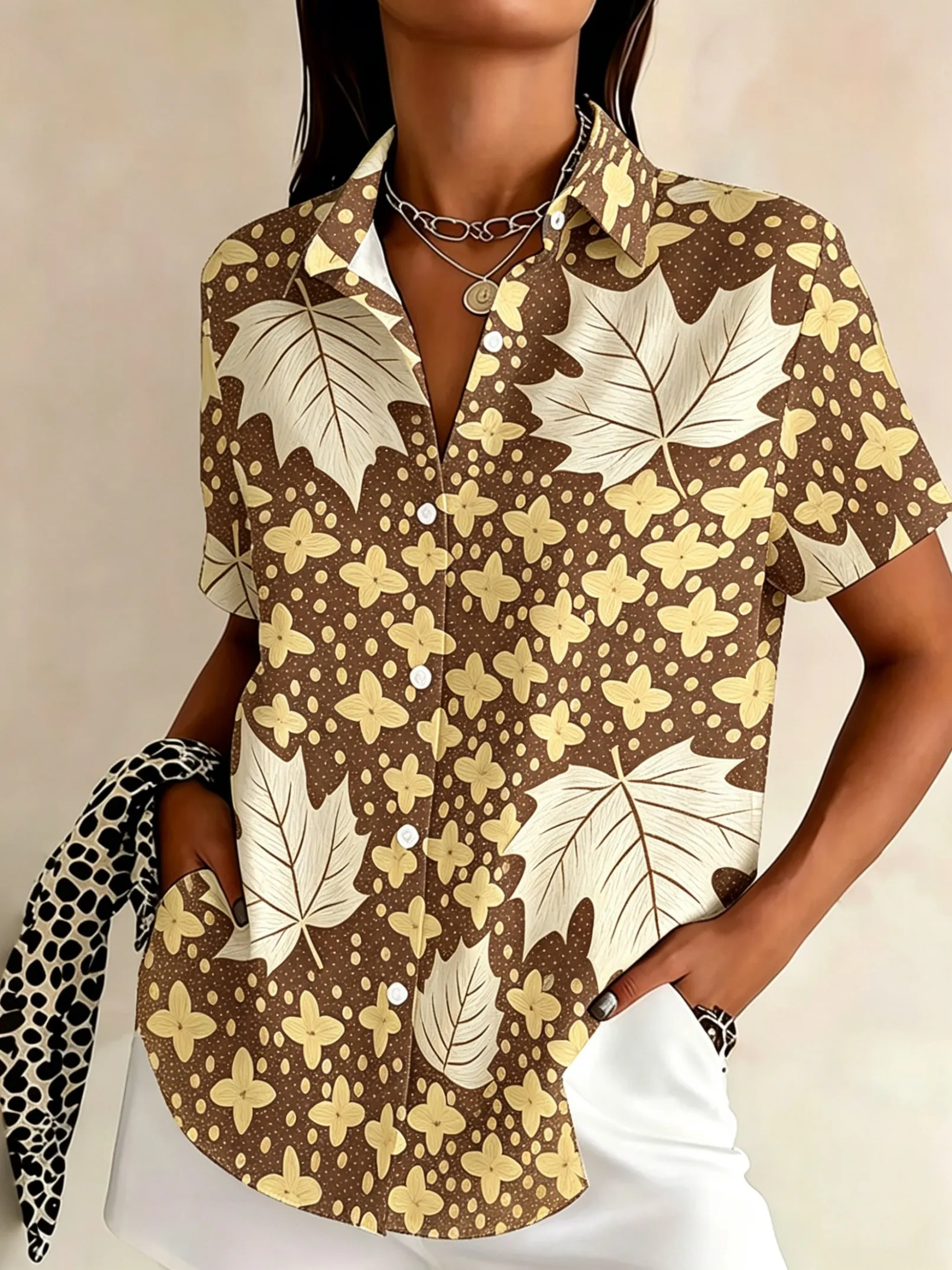 Women's Spring Summer Lapel Shirt, Coffee Base Maple Leaf Yellow Four Petal Flower Print Casual Tops for Daily Outfit
Women's Spring Summer Lapel Shirt, Coffee Base Maple Leaf Yellow Four Petal Flower Print Casual Tops for Daily Outfit