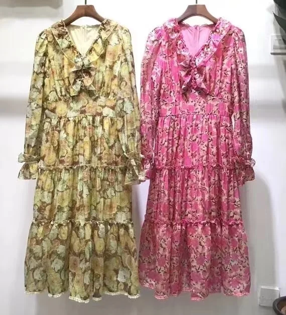 Top Quality New 2024 Spring Summer Dress Women V-Neck Charming Floral Print Ruffle Elegant Long Sleeve Sweet Pink Yellow Dress
Top Quality New 2024 Spring Summer Dress Women V-Neck Charming Floral Print Ruffle Elegant Long Sleeve Sweet Pink Yellow Dress