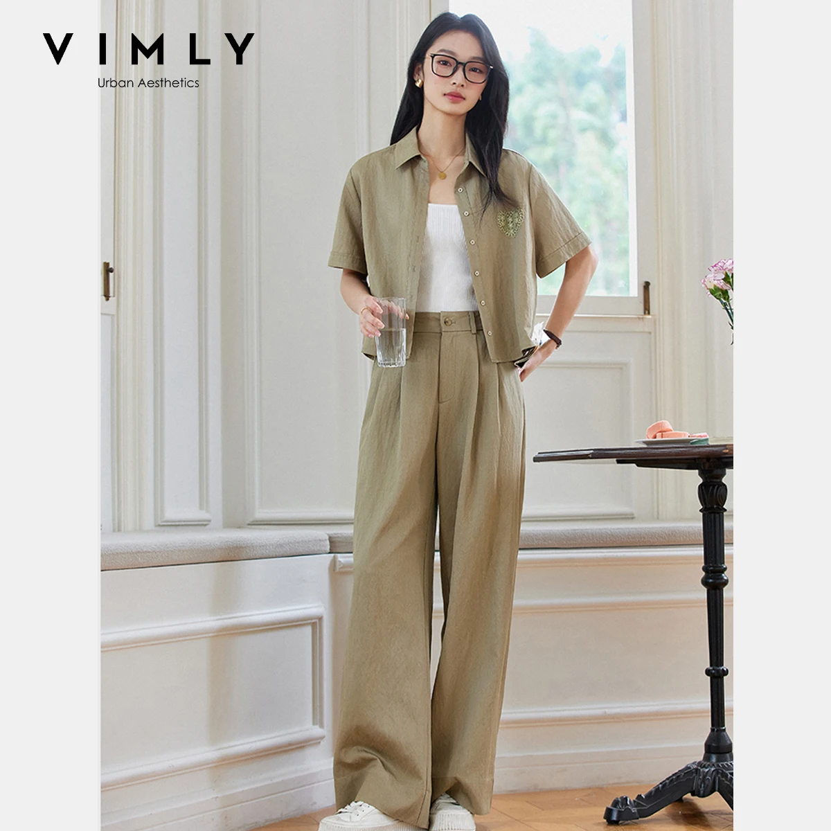 VIMLY повседневные комплекты брюк для поездок на работу, женский костюм, лето 2022, кружевные рубашки в форме сердца, широкие брюки, одинаковый комплект из двух предметов A1176
VIMLY повседневные комплекты брюк для поездок на работу, женский костюм, лето 2022, кружевные рубашки в форме сердца, широкие брюки, одинаковый комплект из двух предметов A1176