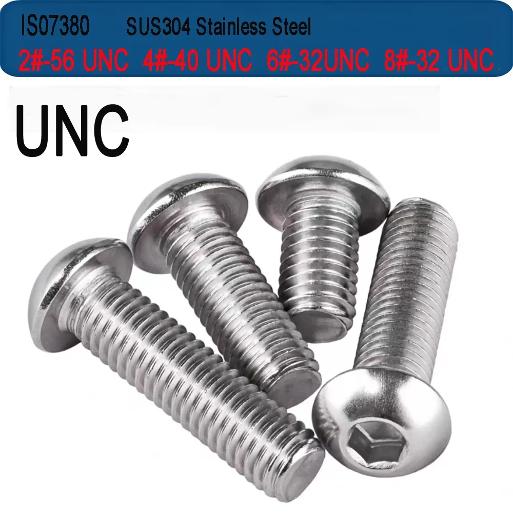 ISO7380 Hex Socket Button Round Head Bolts, UNC 2#-56 4#-40 6#-32 8#-32, A2 304 Stainless Steel Allen Screws
ISO7380 Hex Socket Button Round Head Bolts, UNC 2#-56 4#-40 6#-32 8#-32, A2 304 Stainless Steel Allen Screws