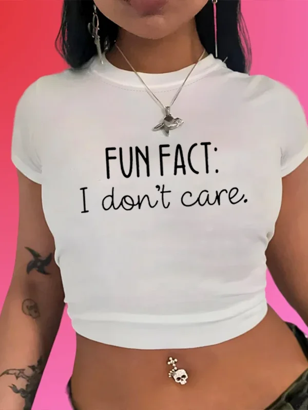 Укороченная женская футболка с надписью «Fun Fact I Do Not Care», популярная Летняя Пляжная Повседневная футболка для девочек, новый тренд, удобная Праздничная футболка для девочек
Укороченная женская футболка с надписью «Fun Fact I Do Not Care», популярная Летняя Пляжная Повседневная футболка для девочек, новый тренд, удобная Праздничная футболка для девочек
