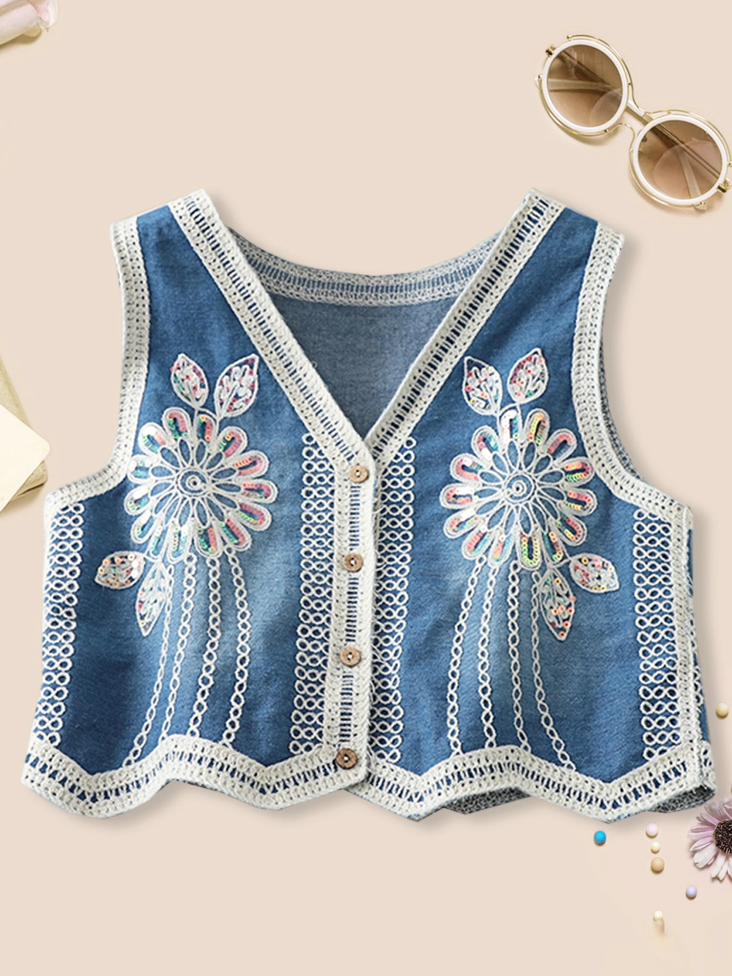 Women s Denim Vest with Sequin Detailing and Floral Embroidery Sleeveless V-Neck Button-Up Cardigan for Chic Streetwear Style
Women s Denim Vest with Sequin Detailing and Floral Embroidery Sleeveless V-Neck Button-Up Cardigan for Chic Streetwear Style