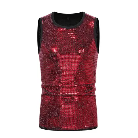 2026 Summer Fashion Simple Sequined Sleeveless Purple T-shirts for Men,Gold/Silver Shiny Round Neck Hot Stamping Men's Tank Top