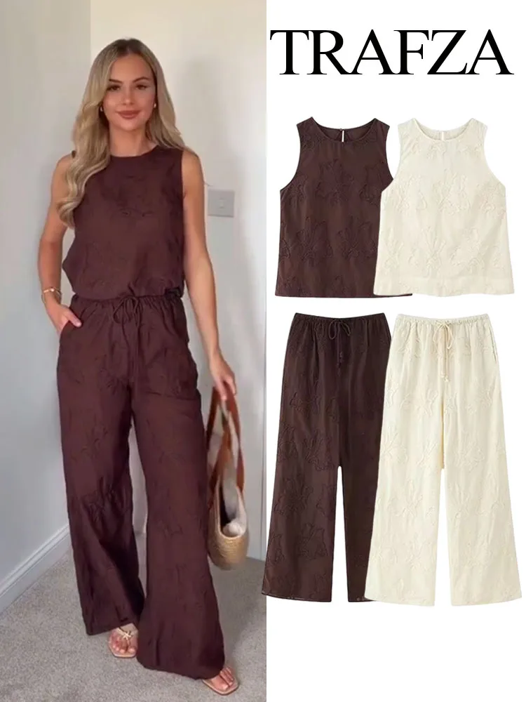 TRAFZA Women 2 Piece Set Fashion Embroidery Decorate O-Collar Sleeveless Vest Top+Summer Draw Rope Casual Loose Wide Leg Pant
TRAFZA Women 2 Piece Set Fashion Embroidery Decorate O-Collar Sleeveless Vest Top+Summer Draw Rope Casual Loose Wide Leg Pant