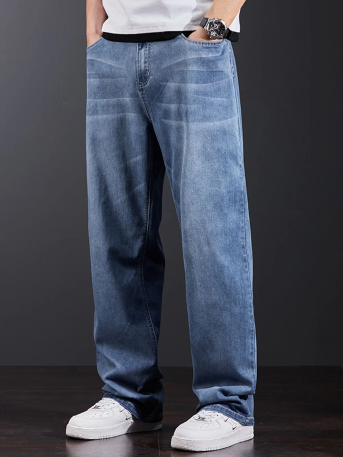 Trendy Light Wa Men's Wide Leg Jeans Loose Straight Loose Summer Thin Elastic Large Size Thi Leg Long Pants
Trendy Light Wa Men's Wide Leg Jeans Loose Straight Loose Summer Thin Elastic Large Size Thi Leg Long Pants