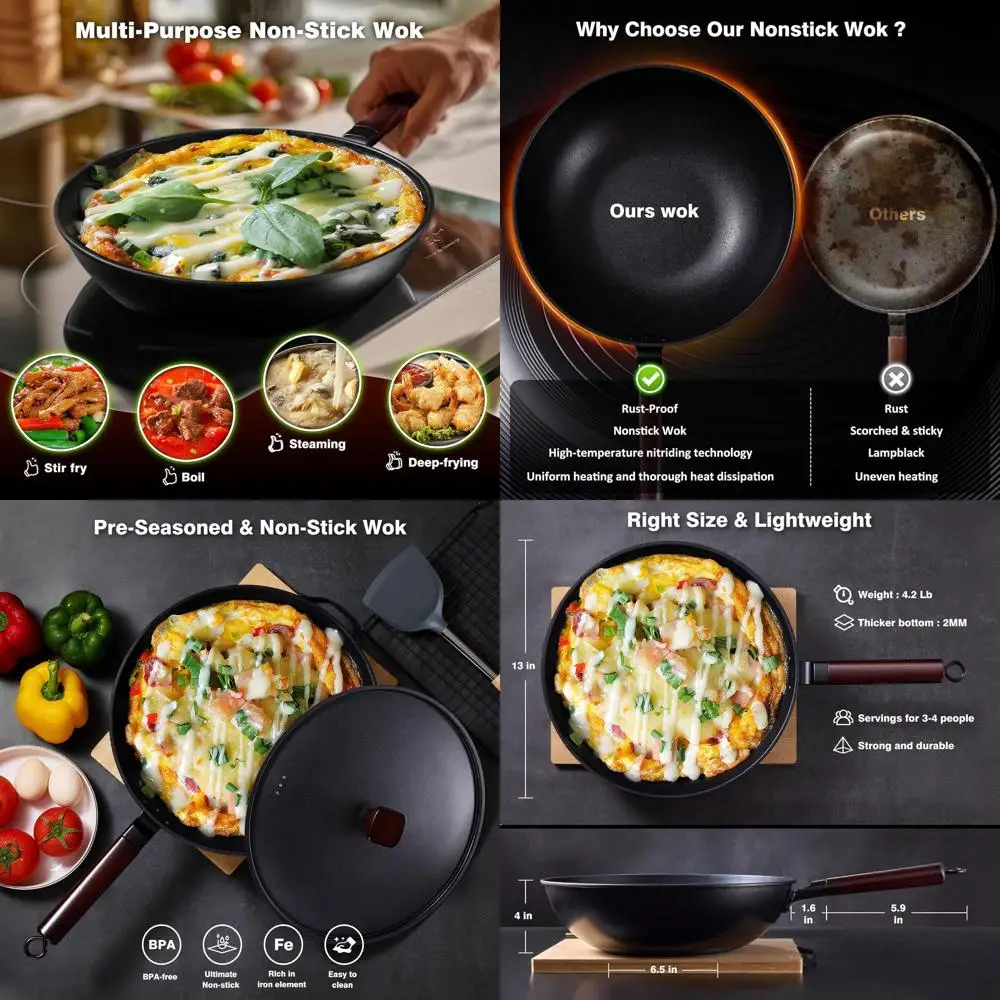 13-дюймовый предварительно обработанный стальной вок с крышкой и щеткой, с антипригарным покрытием, подходит для всех типов плит, включая индукционные
13-дюймовый предварительно обработанный стальной вок с крышкой и щеткой, с антипригарным покрытием, подходит для всех типов плит, включая индукционные