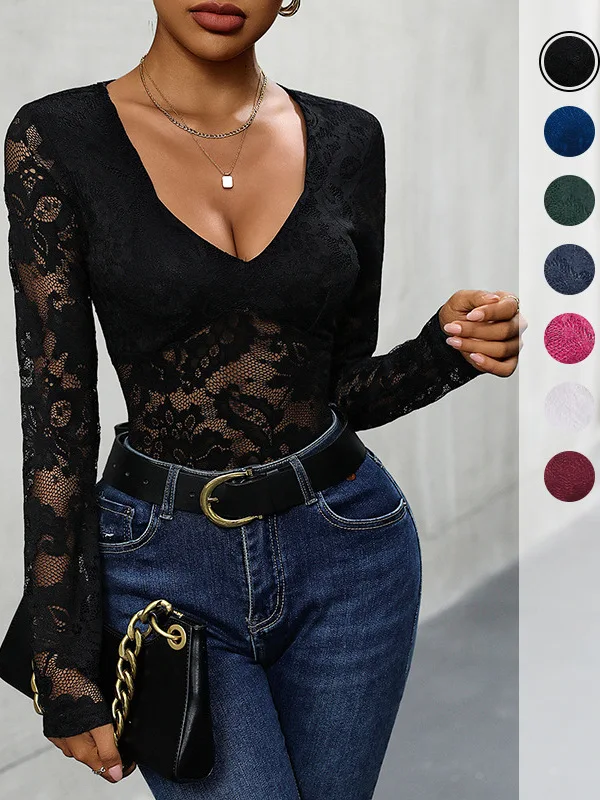 Sexy Lace Jumpsuit Long Sve Women's Pure Color See-tough Me Bodysuit Mid-waist ort Pants Thin Fabric Chinese Brand
Sexy Lace Jumpsuit Long Sve Women's Pure Color See-tough Me Bodysuit Mid-waist ort Pants Thin Fabric Chinese Brand