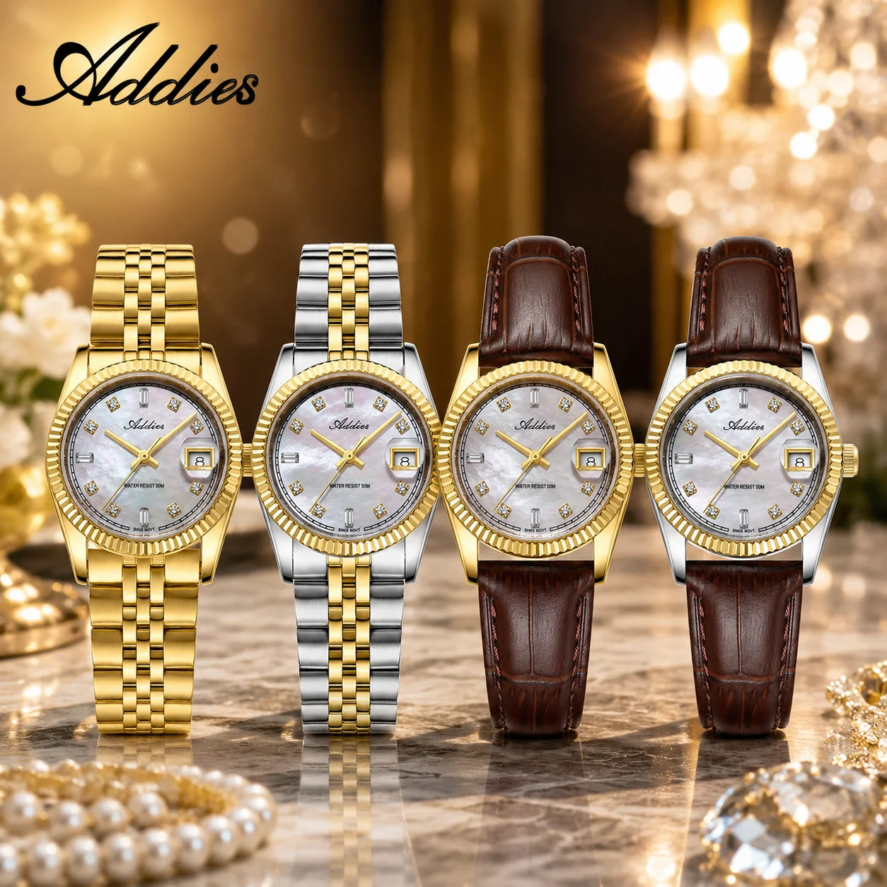 ADDIES Stainless Steel Mother of Pearl Dial Wristwatches Czech rhinestones Sapphire Glass Watches Waterproof Gold Watch Ladies
ADDIES Stainless Steel Mother of Pearl Dial Wristwatches Czech rhinestones Sapphire Glass Watches Waterproof Gold Watch Ladies