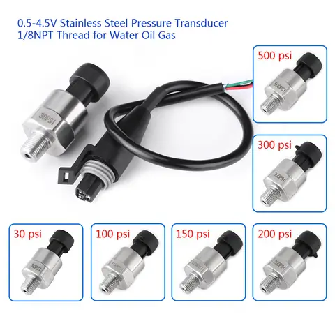 1/8" NPT Stainless Steel Pressure Transducer Sensor 0.5-4.5V Output, 30-500 PSI for Oil Fuel Air Water, IP67 Rated