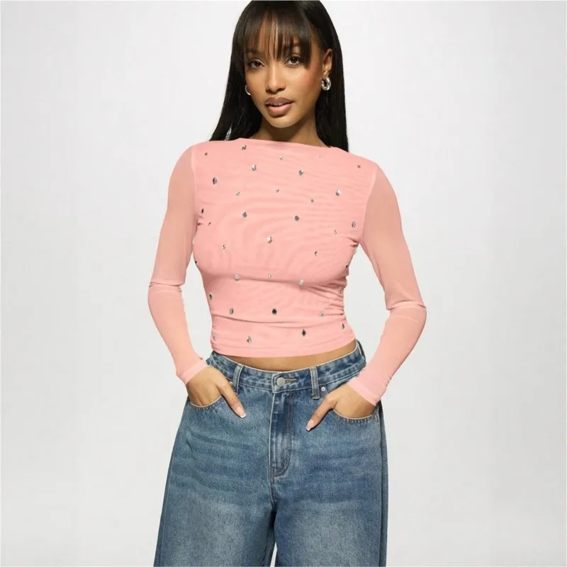 Fashion Ironing Diamond Mesh Perspective T-shirts Autumn Long Sleeve O-neck Sexy Slim Fit Crop Tops Pure Color All-match Clothes
Fashion Ironing Diamond Mesh Perspective T-shirts Autumn Long Sleeve O-neck Sexy Slim Fit Crop Tops Pure Color All-match Clothes