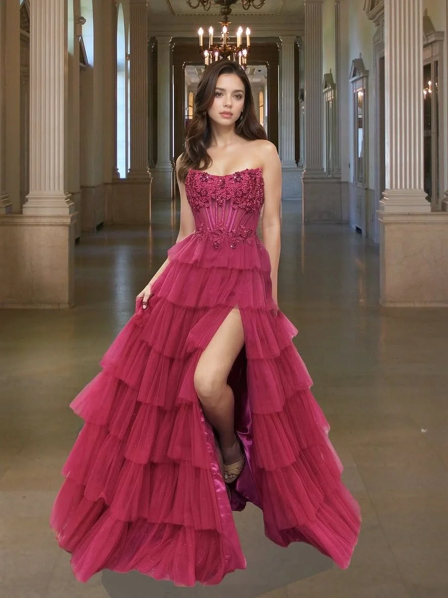 Customized Graceful Tulle A-Line Sequined and Tiered Evening Dresses Strapless Sleeveless Panel Train Bespoke Occasion
Customized Graceful Tulle A-Line Sequined and Tiered Evening Dresses Strapless Sleeveless Panel Train Bespoke Occasion