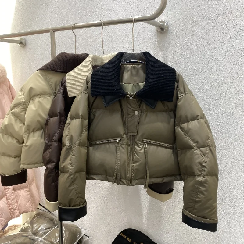 Winter Knitted PU Splicing Big Lapel Down Jacket Women White Duck Down Parker Outwears Female Zipper Pocket Puff Quilted Jackets
Winter Knitted PU Splicing Big Lapel Down Jacket Women White Duck Down Parker Outwears Female Zipper Pocket Puff Quilted Jackets