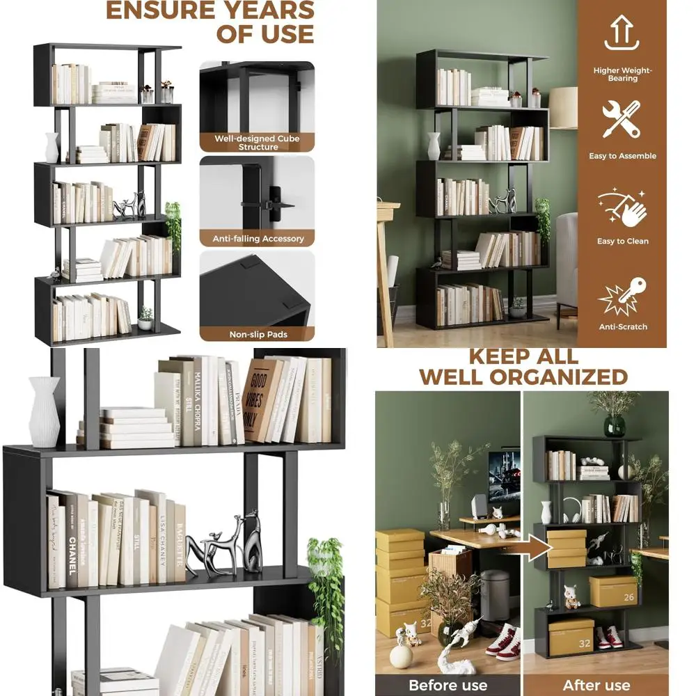 Modern Tall 5-Tier S-Curved Wooden Bookshelf, Black Decorative Storage Display Unit for Living Room & Bedroom
Modern Tall 5-Tier S-Curved Wooden Bookshelf, Black Decorative Storage Display Unit for Living Room & Bedroom