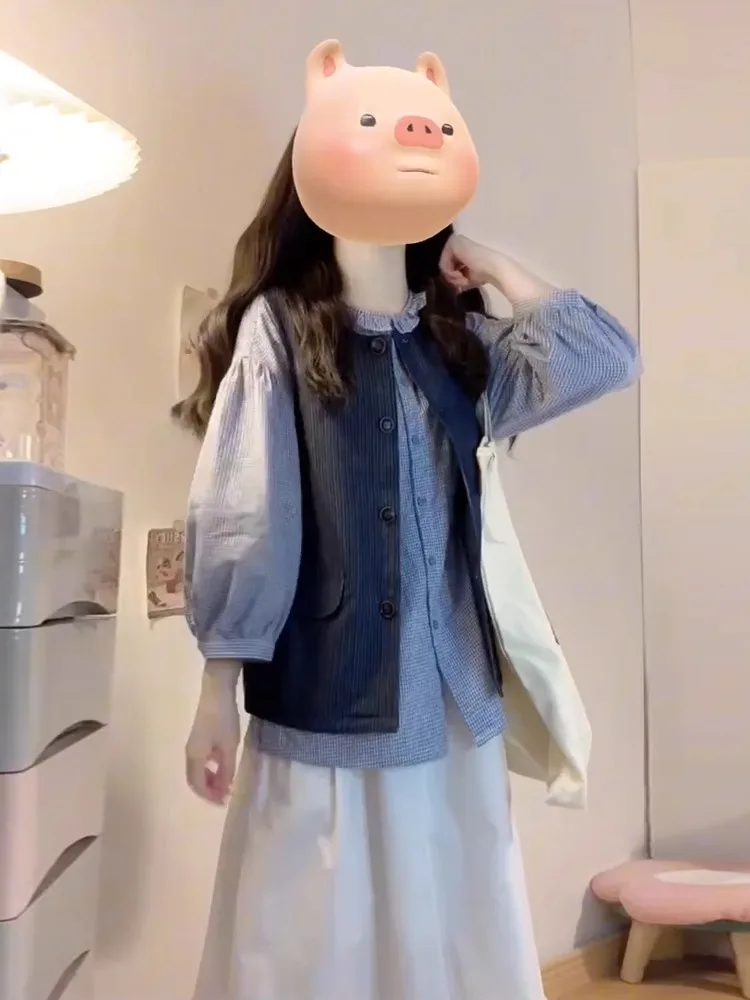 Blue Plaid irt And Vest Set plus Size Women's Faionable Layering High Waist Loose Fit Autumn Casual Wear Polyester Fabric
Blue Plaid irt And Vest Set plus Size Women's Faionable Layering High Waist Loose Fit Autumn Casual Wear Polyester Fabric