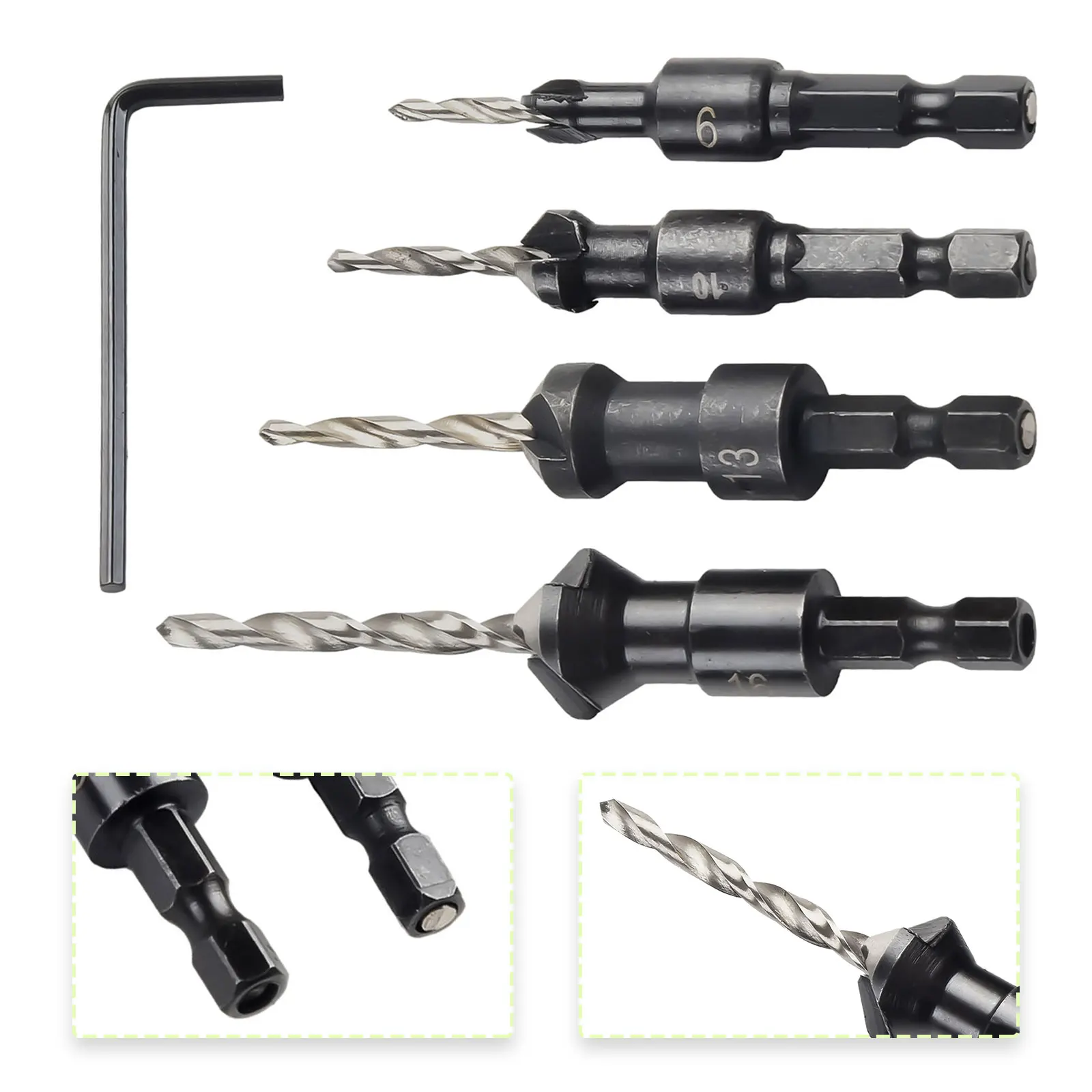 4pcs HSS Countersink Drill Bit Set Quick Change Hex Shank Suitable for Metal Wood PVC Mini Hex Wrench Included
4pcs HSS Countersink Drill Bit Set Quick Change Hex Shank Suitable for Metal Wood PVC Mini Hex Wrench Included