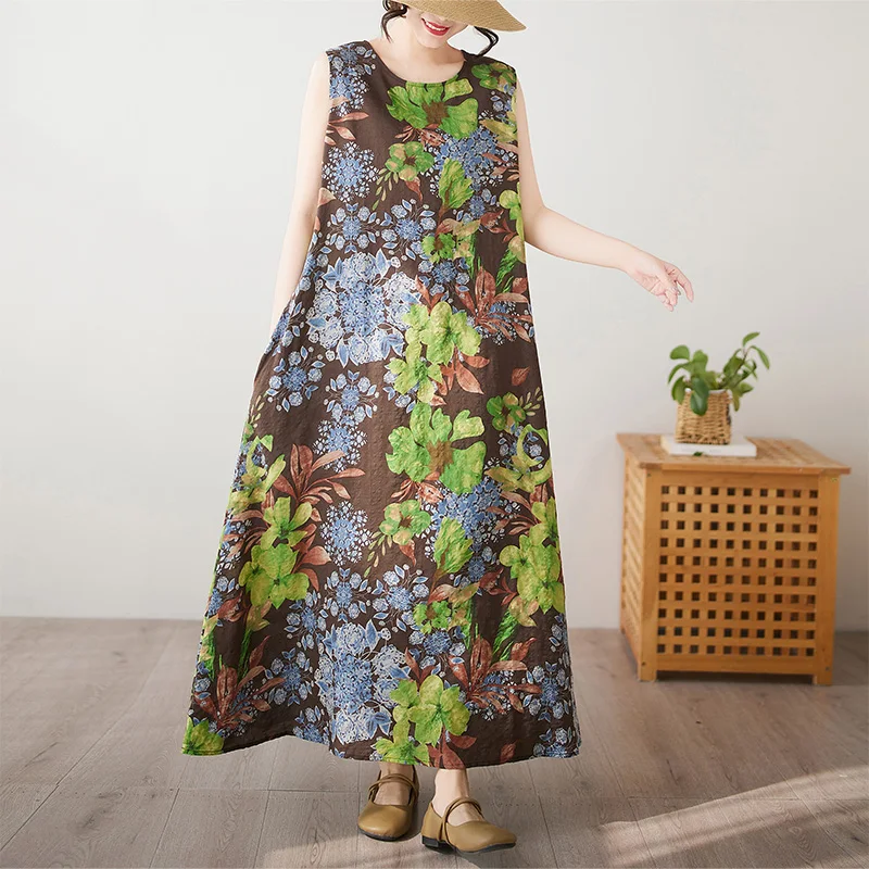 Summer New Vintage Print Elegant Dress Women O-Neck Sleeveless Loose Dresses Fashion Casual Office Lady Long Dress 
Summer New Vintage Print Elegant Dress Women O-Neck Sleeveless Loose Dresses Fashion Casual Office Lady Long Dress
