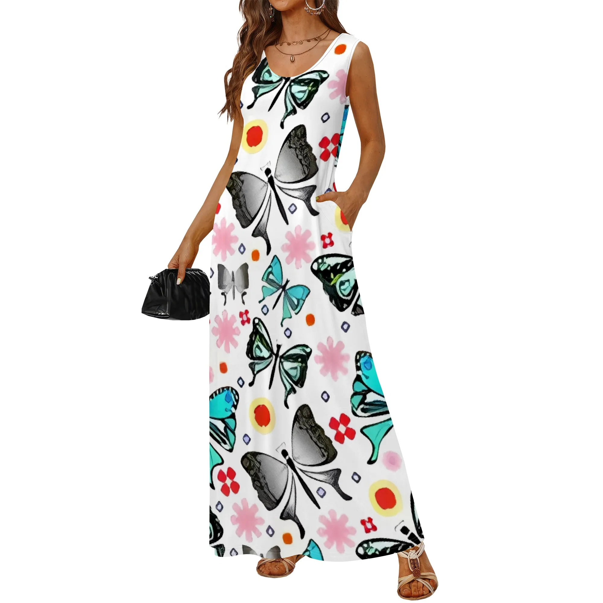 Butterfly Pattern Sleeveless Maxi Dress for Women Round Neck Wide Straps and Functional Side Pockets
Butterfly Pattern Sleeveless Maxi Dress for Women Round Neck Wide Straps and Functional Side Pockets