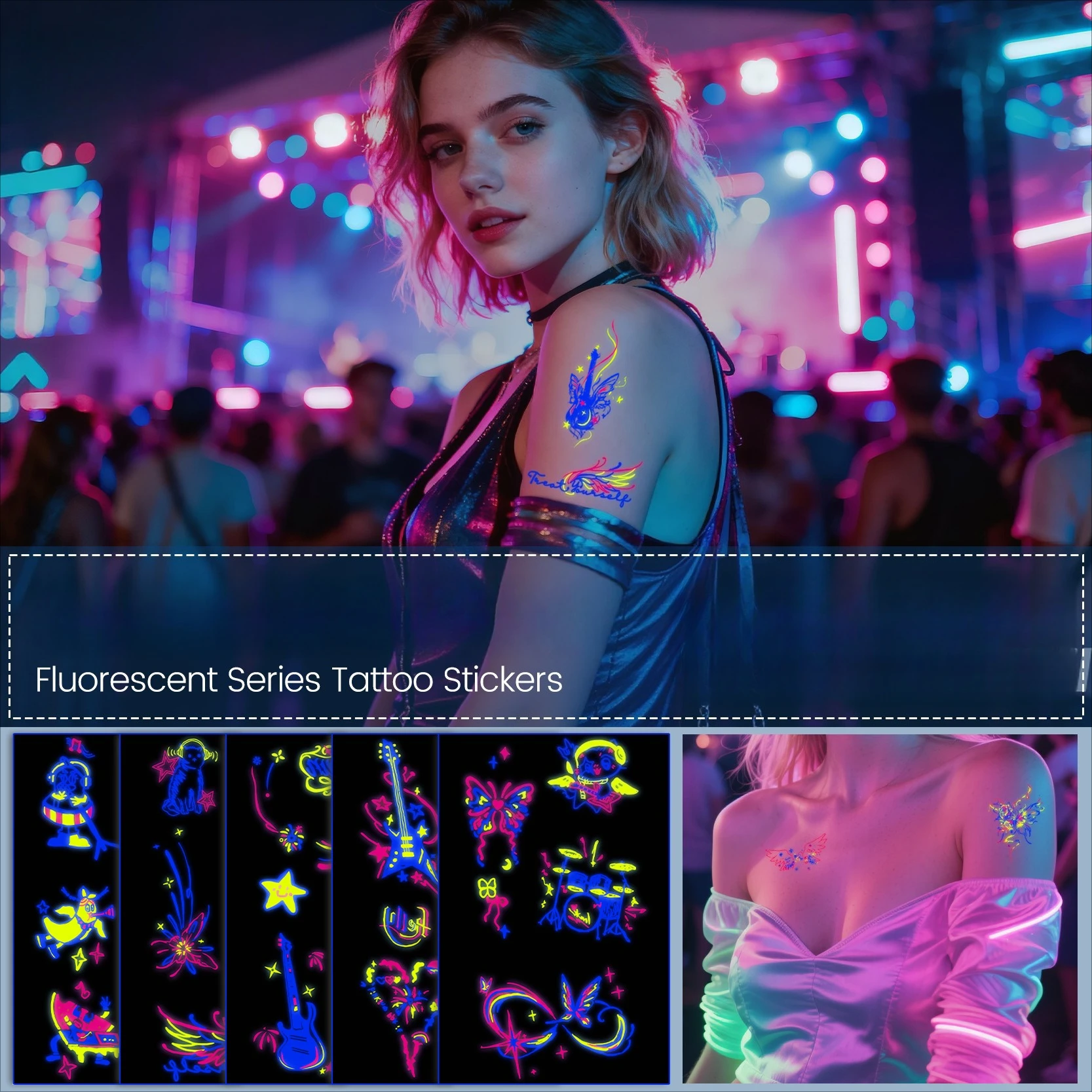 Fluorescent Face/Body Tattoos Stickers Mixed Fluorescent Temporary Tattoos Stickers DIY Party Waterproof Temporary Tattoos
Fluorescent Face/Body Tattoos Stickers Mixed Fluorescent Temporary Tattoos Stickers DIY Party Waterproof Temporary Tattoos