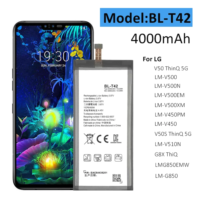 Replacement Batteries BL-T42 4000mAh For LG V50 ThinQ 5G LM-V500 V500N V500EM V510N V500xm G8X ThiQ BL T42 Mobile Phone Battery
Replacement Batteries BL-T42 4000mAh For LG V50 ThinQ 5G LM-V500 V500N V500EM V510N V500xm G8X ThiQ BL T42 Mobile Phone Battery