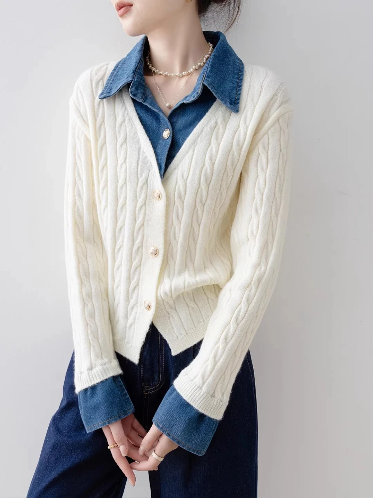 Cable Knit Cardigan for Women Faux Two-Piece Polo Collar Sweater Cardigan with Denim Patchwork Fall/Winter Knitwear 2025
Cable Knit Cardigan for Women Faux Two-Piece Polo Collar Sweater Cardigan with Denim Patchwork Fall/Winter Knitwear 2025