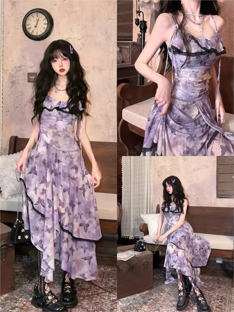 Purple ruffled halter tea break lace irregular cake long dress
Purple ruffled halter tea break lace irregular cake long dress