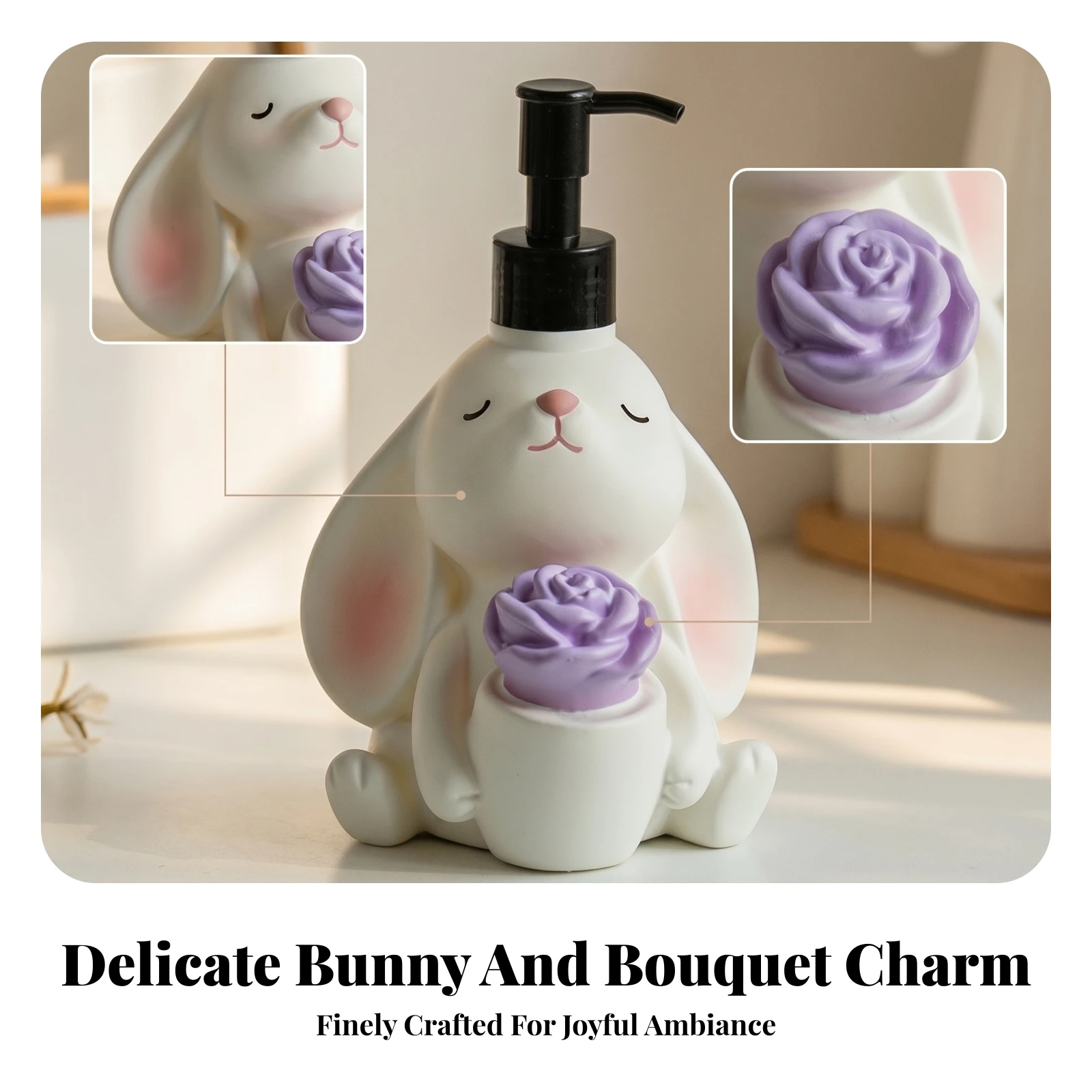 Bunny Pump Bottle Tabletop Bunny Dispenser Blush Accents Flower Detail Household Item
Bunny Pump Bottle Tabletop Bunny Dispenser Blush Accents Flower Detail Household Item