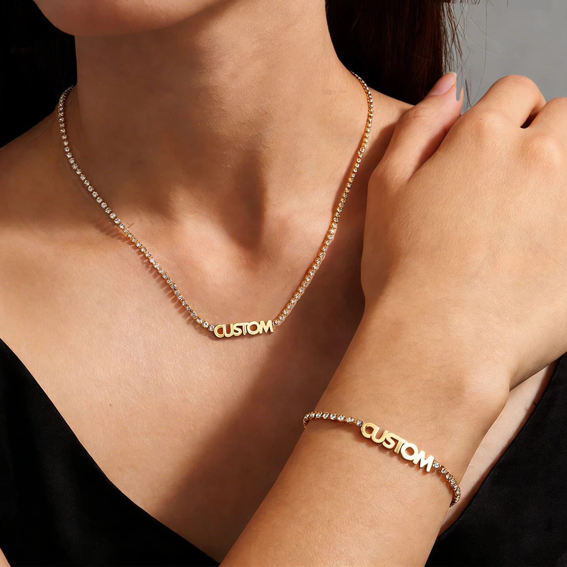 Custom Name Shiny Zircon Chain Necklace Bracelet Jewelry Set for Women Kids Stainless Steel Personalized Bling Tennis Chain Gift
Custom Name Shiny Zircon Chain Necklace Bracelet Jewelry Set for Women Kids Stainless Steel Personalized Bling Tennis Chain Gift