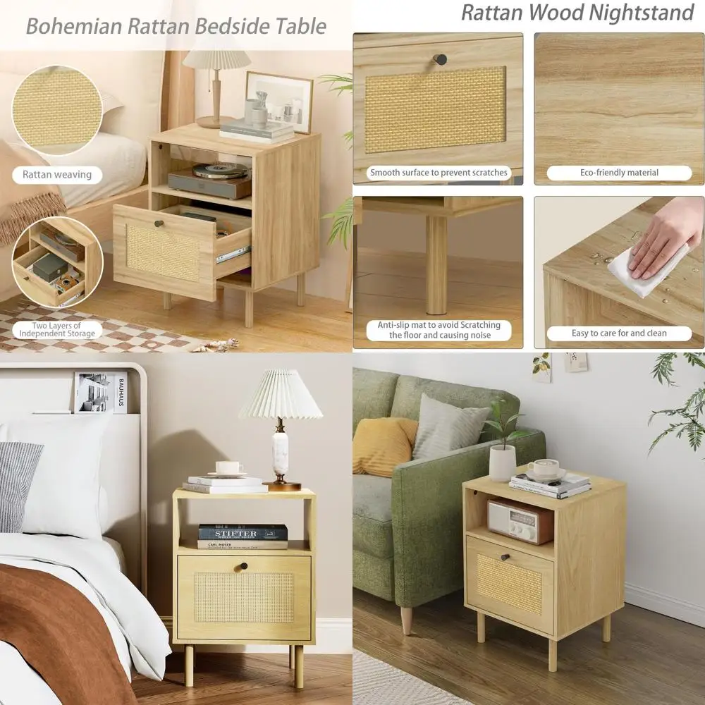 Boho Rattan Side Table with Drawers & Open Shelf - Oak Bedroom, Dorm, Living Room Accent Furniture for Apartments & Students
Boho Rattan Side Table with Drawers & Open Shelf - Oak Bedroom, Dorm, Living Room Accent Furniture for Apartments & Students
