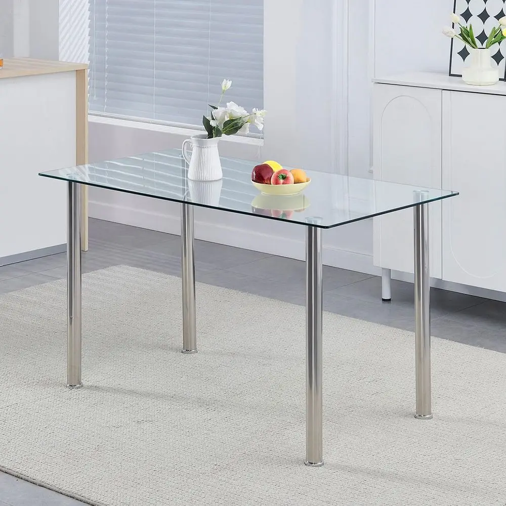 47 Clear Glass Dining Table with Chrome Legs for Kitchens and Small Spaces
47 Clear Glass Dining Table with Chrome Legs for Kitchens and Small Spaces