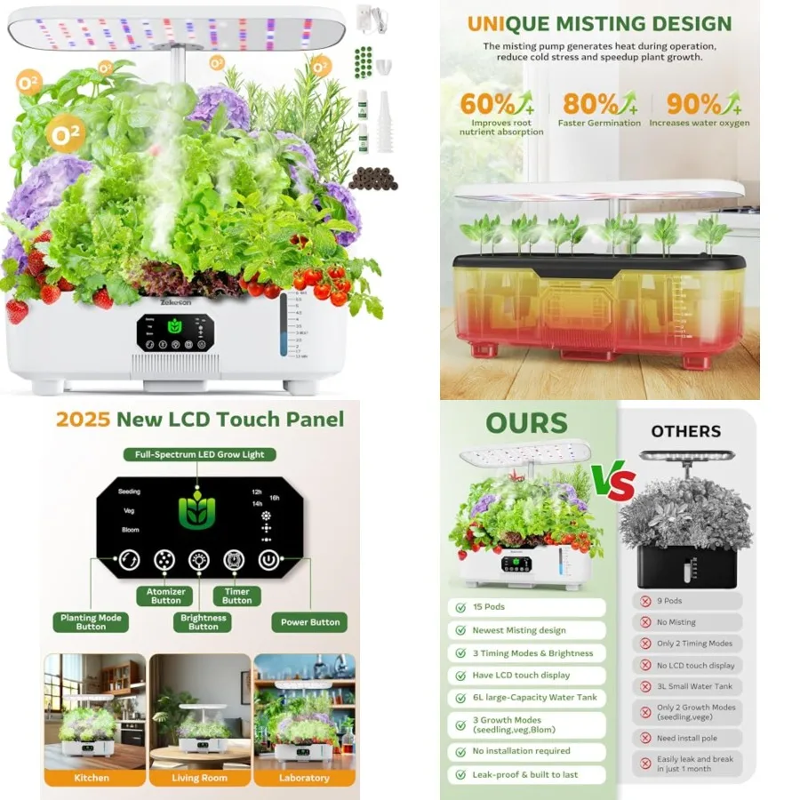 Misting Hydroponic Growing System Kit 15-Pods Indoor Smart Herb Garden Planter with LCD Touch Panel 6L Large Tank for Herb/Vege
Misting Hydroponic Growing System Kit 15-Pods Indoor Smart Herb Garden Planter with LCD Touch Panel 6L Large Tank for Herb/Vege