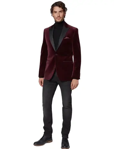 Men's Suit Peak Lapel Burgundy Velvet Blazer One Button Suit Groom Tuxedos 2 Piece Casual Wedding Suits