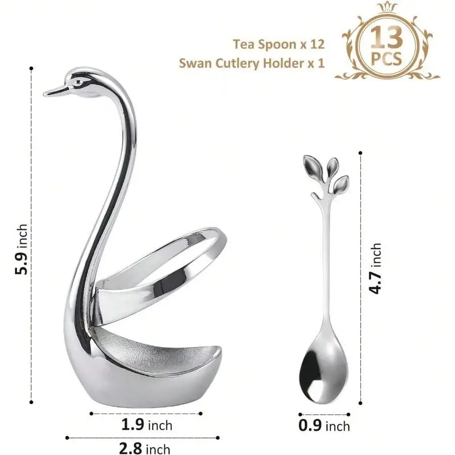 Stainless Steel Swan Cutlery Holder With 12 Leaf Design Tea Spoons For Coffee Dessert Stirring
Stainless Steel Swan Cutlery Holder With 12 Leaf Design Tea Spoons For Coffee Dessert Stirring