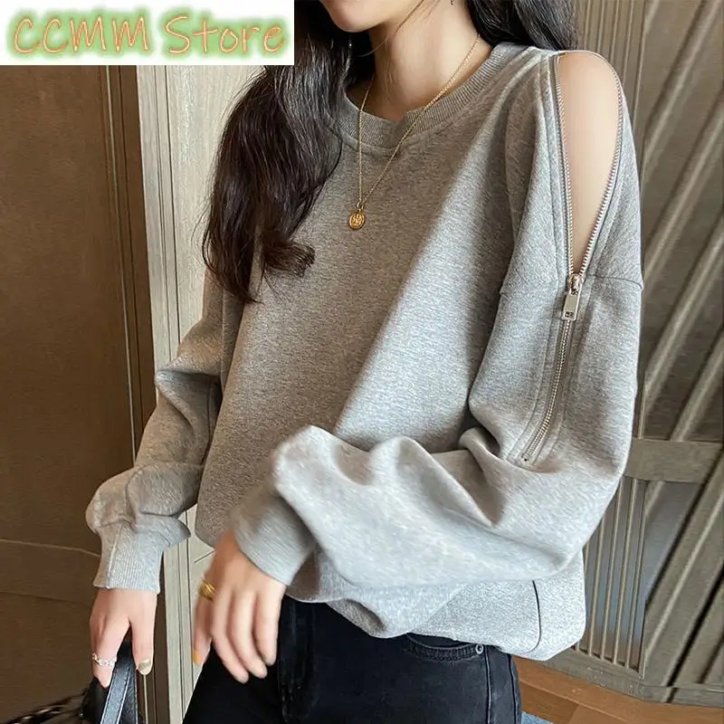 Stylish O-Neck Off Shoulder Zipper T-Shirt Women's Clothing Autumn New All-match Casual Pullovers Loose Korean Tee Shirt
Stylish O-Neck Off Shoulder Zipper T-Shirt Women's Clothing Autumn New All-match Casual Pullovers Loose Korean Tee Shirt